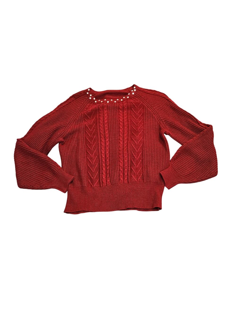 Women's Red Cable Knit Sweater Rhinestone Embellished Neck Size Large